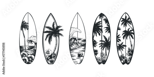 Five surfboard outlines with tropical scenes
