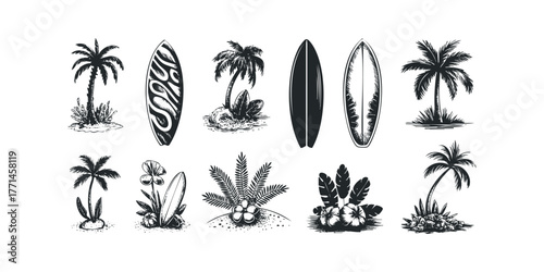 Collection of palm trees and surfboards on white background