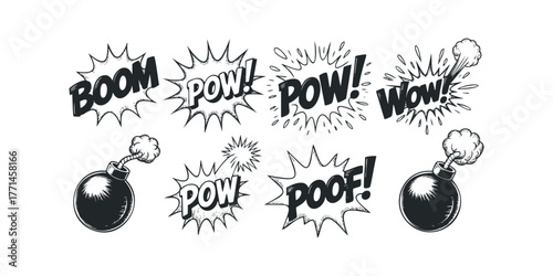 Comic book sound effect words with bombs