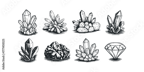 Collection of faceted mineral crystals and gemstones