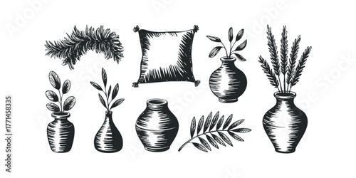 Line drawing set of decorative plants and vases