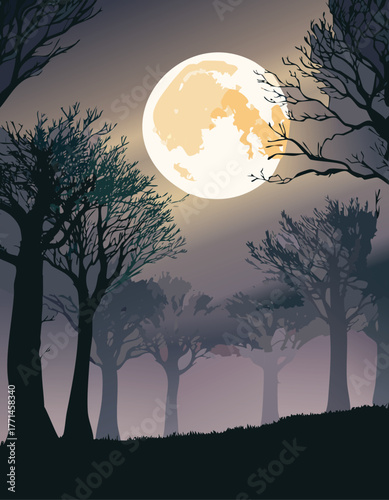 Full moon illuminates the trees in a spooky forest at night time