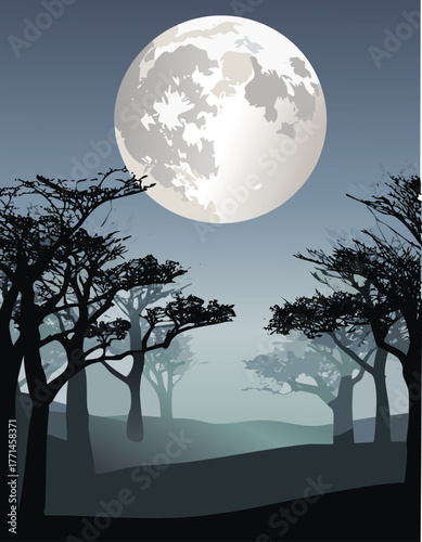 Full moon shines over a misty forest with silhouetted trees at night