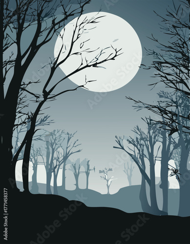 Full moon illuminates a dark forest with bare trees in the night