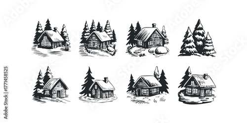 Set of Hand Drawn Wood Cabins and Pine Trees