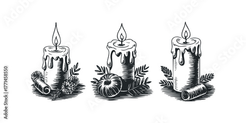Three lit candles with accompanying decorative elements