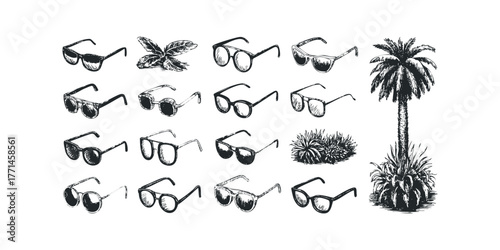 Collection of Diverse Eyewear and Tropical Flora