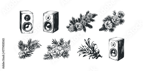 Sketch style audio speakers and floral arrangements