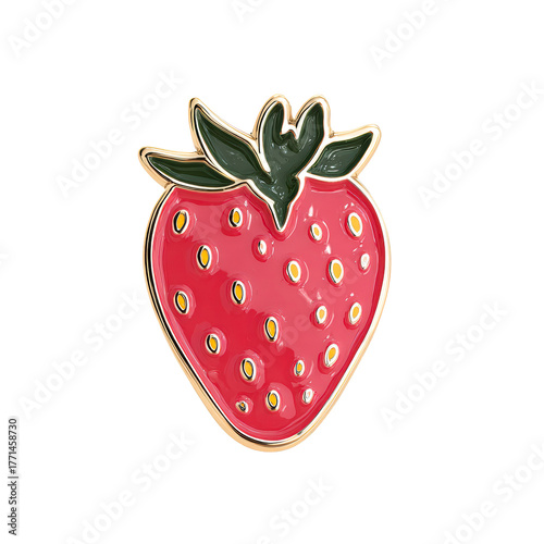 Enamel strawberry charm with gold outline on a transparent background, cut out