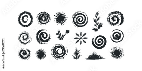 Collection of black distressed grunge abstract organic shapes and botanical elements