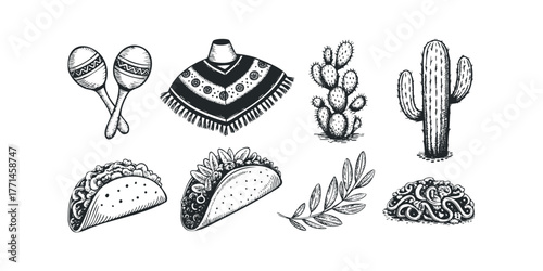 Mexican food and cultural icons sketch collection