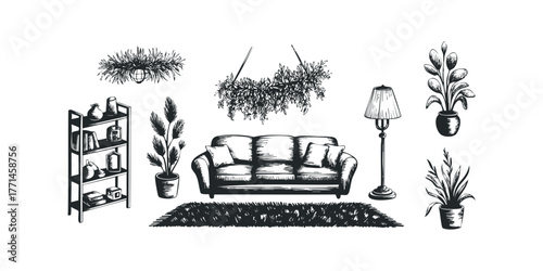 Hand-drawn sketch of living room furniture and plants