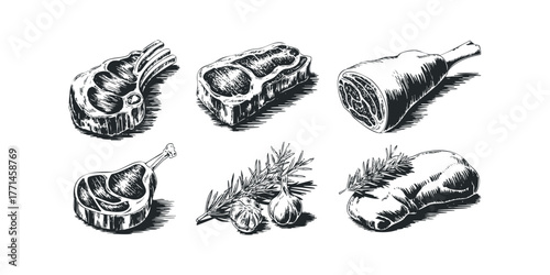 Various Raw Meat Cuts and Aromatics