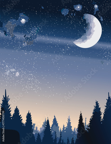 Illustration of a night sky with a crescent moon and pine trees below