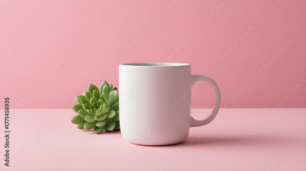 Obraz premium Minimalist white mug beside a succulent plant on a soft pink background with copy space