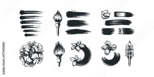 Paint Brush Strokes and Botanical Elements Collection