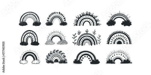 Hand Drawn Rainbow Collection with Clouds and Floral Motifs