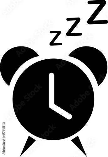 Alarm clock with zzz vector icon in black flat and line style, includes sleep time symbol, bedtime wake-up reminder illustration, morning rest concept and relaxation design
