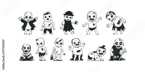 Set of cartoon baby zombies in various poses