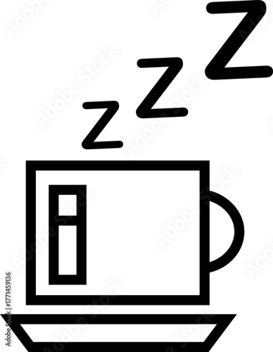 Night coffee cup with sleeping zzz vector icon in black flat and line style, includes bedtime relaxation symbol, late night drink concept, tired mood, insomnia and rest design