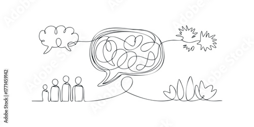 Abstract single line drawing depicting conversation flow with people