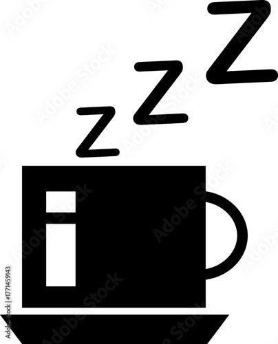 Night coffee cup with sleeping zzz vector icon in black flat and line style, includes bedtime relaxation symbol, late night drink concept, tired mood, insomnia and rest design