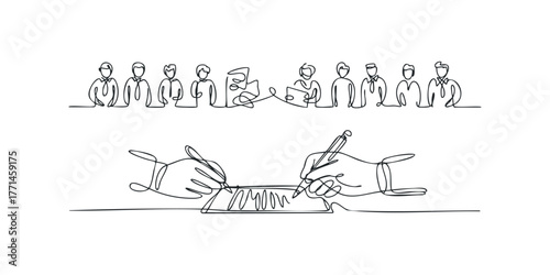 Line drawing of business people signing contract