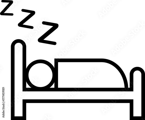 Sleeping bed with zzz vector icon in black flat and line style, includes bedtime rest symbol, nap concept, night sleep illustration, relaxation, dream and comfort design