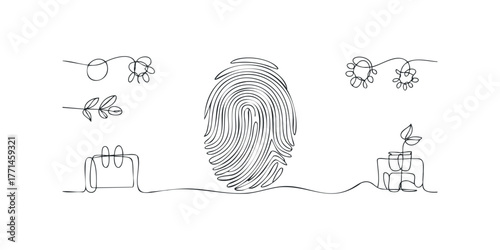 Continuous line drawing of fingerprint and organic shapes