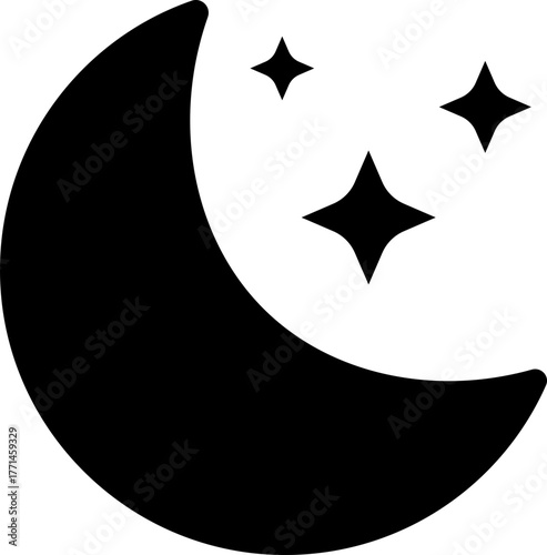 Sleeping moon icon in black flat and line style, includes night sky crescent, dream rest symbol, calm bedtime illustration, peaceful night sleep and relaxation concept
