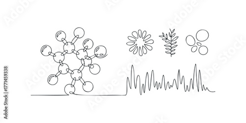 Simple continuous line drawings of molecular structure and organic shapes