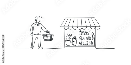 Person with shopping basket stands before market stall