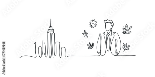 Man in suit near skyscraper with abstract leaf shapes