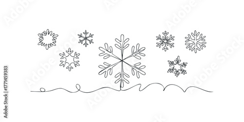 Simple line art collection of varied snowflakes on a wavy line