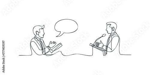 Two people engage in a discussion with a speech bubble