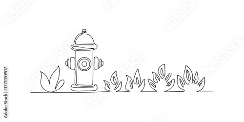Fire hydrant and flames drawn in simple line style
