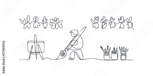 Artist painting on easel with brushes in jars