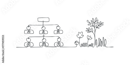 Organizational hierarchy chart with accompanying flora depicted in single line drawing