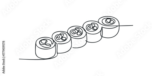 Minimalist line drawing of sushi rolls on white background