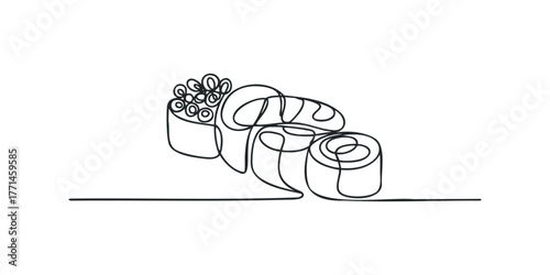 Continuous line drawing of sushi and bread