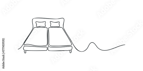 Continuous line drawing of a double bed with pillows