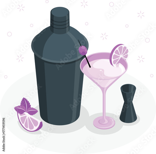 Dark gray cocktail shaker martini glass lime slice mint leaf jigger vector