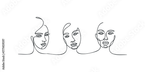 Three women faces drawn with continuous line technique