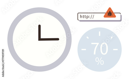 Clock icon, warning sign with bug in URL bar, and progress circle at 70. Ideal for cybersecurity, productivity, time tracking, monitoring progress, digital safety, web risk simple flat metaphor