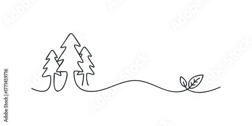 Simple line drawing of evergreen trees and leaves
