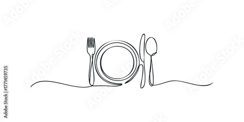 Minimalist line art of plate fork and knife