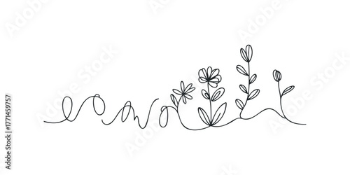 Simple line drawing of sprouting plants and flowers
