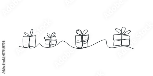 Simple line drawing of four gift boxes with bows