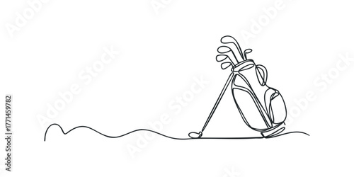 Single Line Drawing of Golf Bag and Clubs on Green