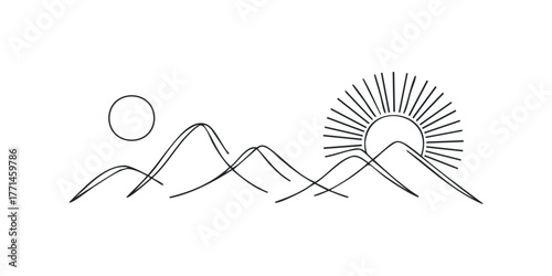 Minimalist mountain range with sun outline